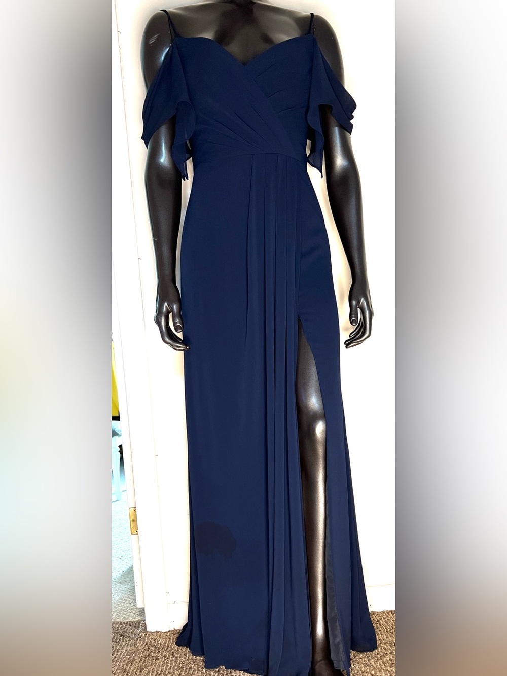 Off-Shoulder Navy Chiffon Maxi Dress
